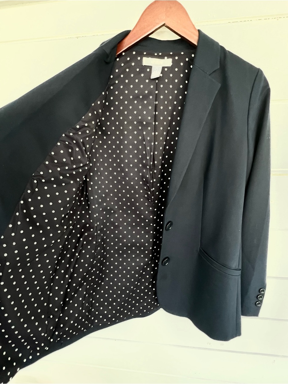 Chico's Navy Blue Blazer with Polka Dot Lining. Size S, 4 (Chicos Size 0)